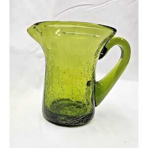 MCM Green  Hand Blown Crackle Glass Small Pitcher Mini Vase Applied Handle 3.5"